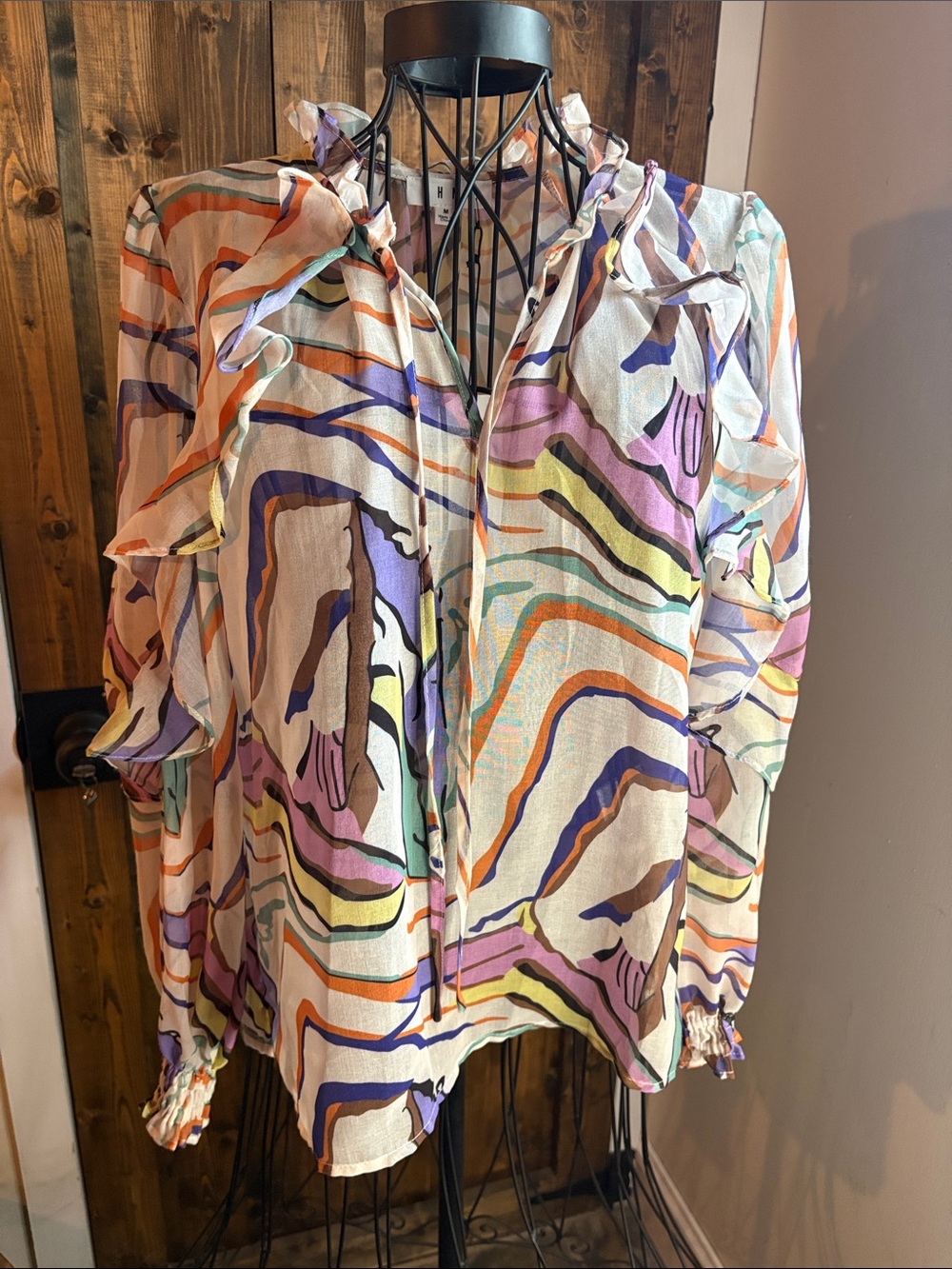 Multicolor Abstract Print Ruffle-Trim Women's Blouse